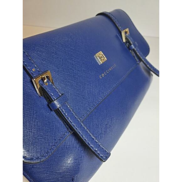 Coccinelle Italy Royal Navy Blue Leather Buckle Crossbody Flap Chain Strap Purse